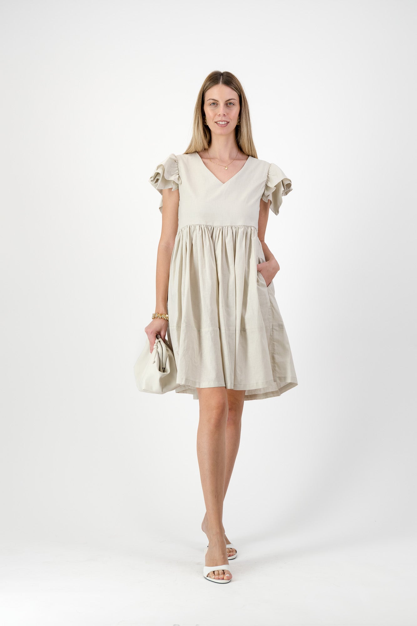 Sand Lily Frill Sleeve Dress  — Stone