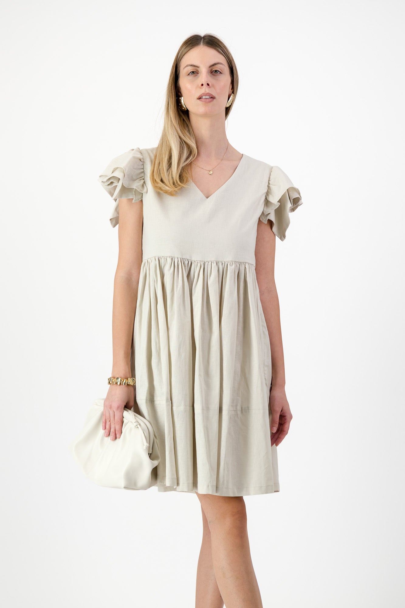 Sand Lily Frill Sleeve Dress  — Stone