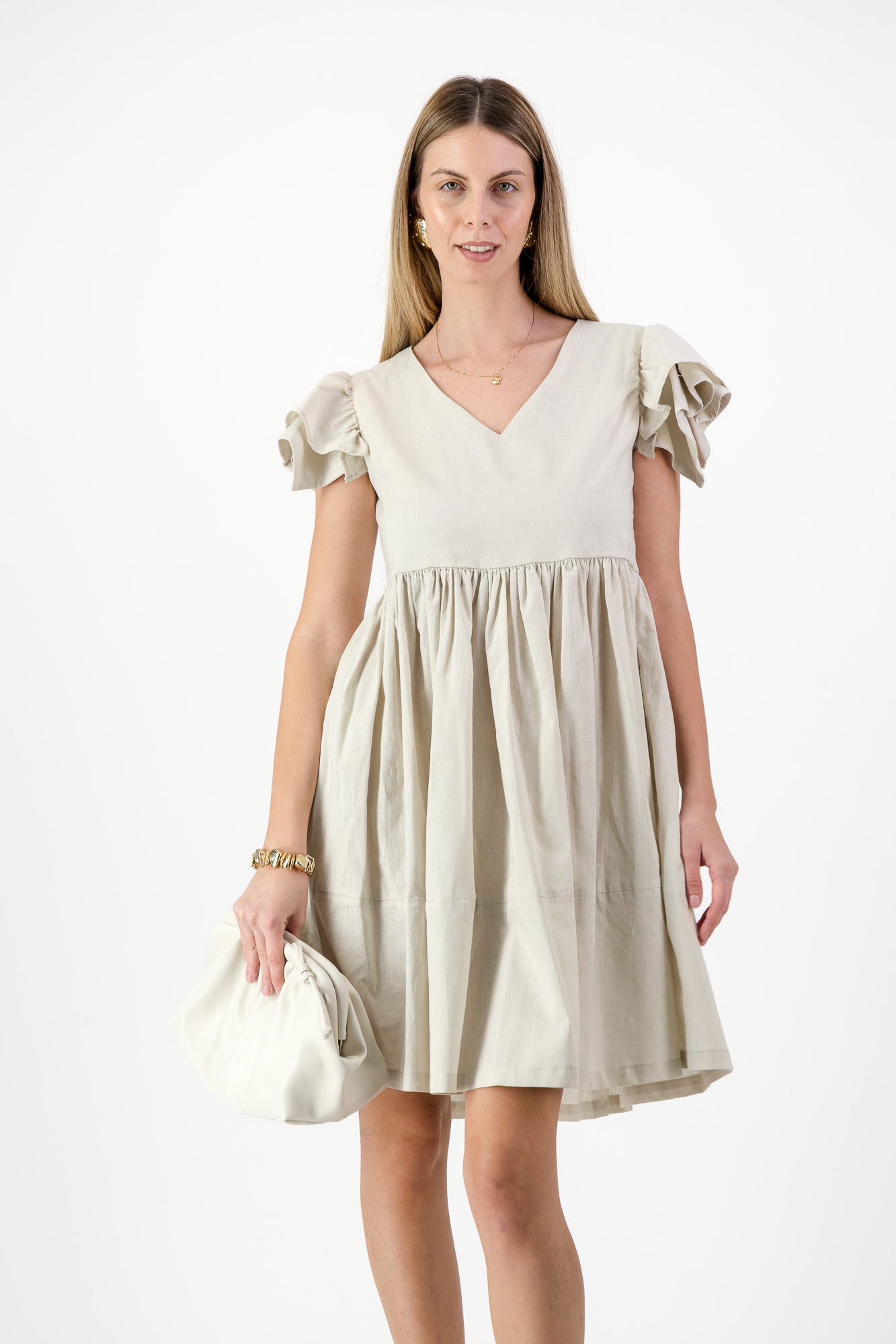 Sand Lily Frill Sleeve Dress  — Stone