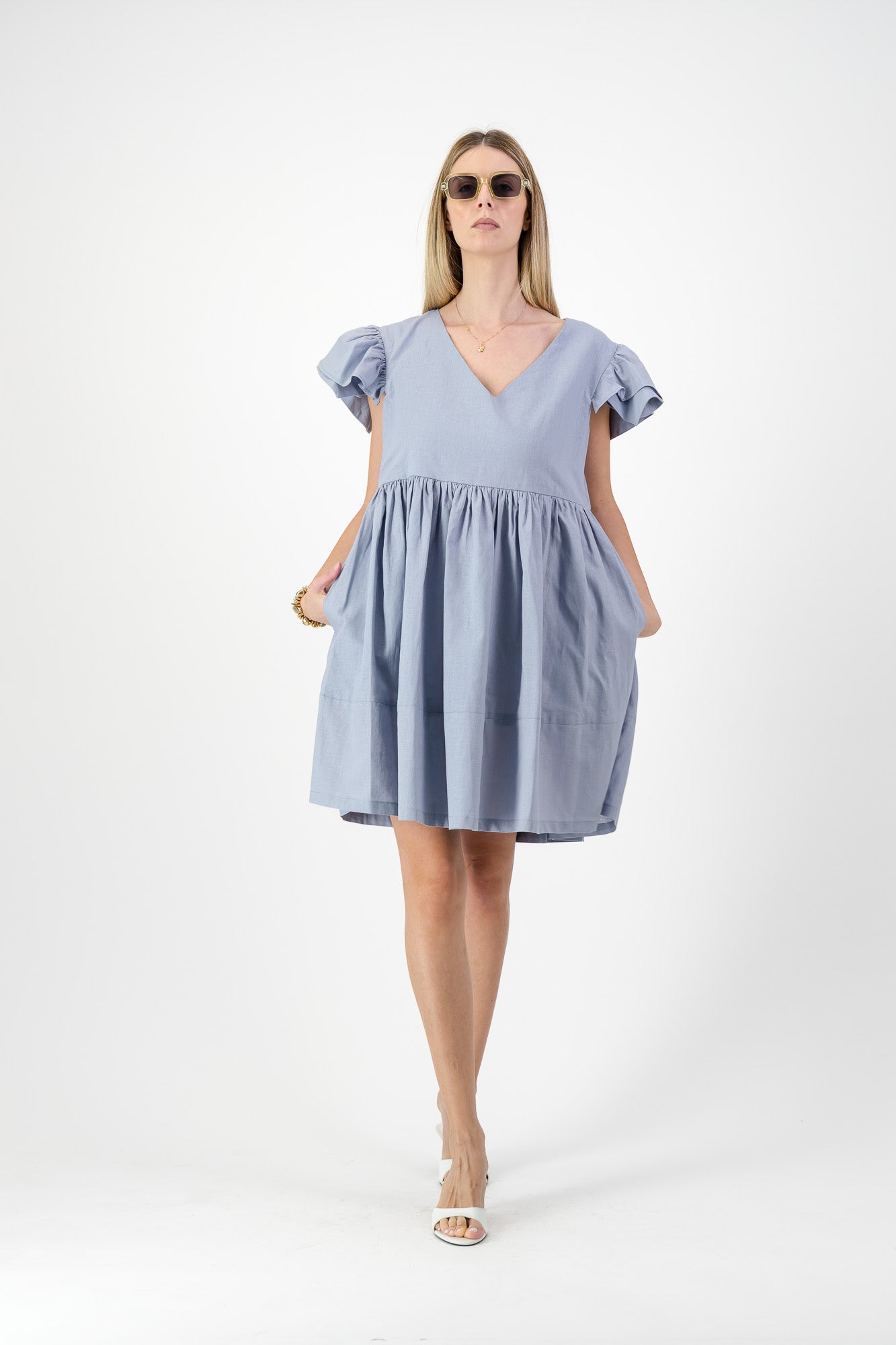 Morning Mist Frill Sleeve Dress  — Misty Blue