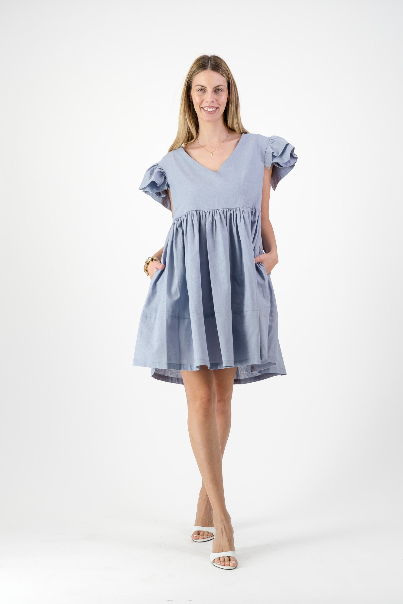 Morning Mist Frill Sleeve Dress  — Misty Blue