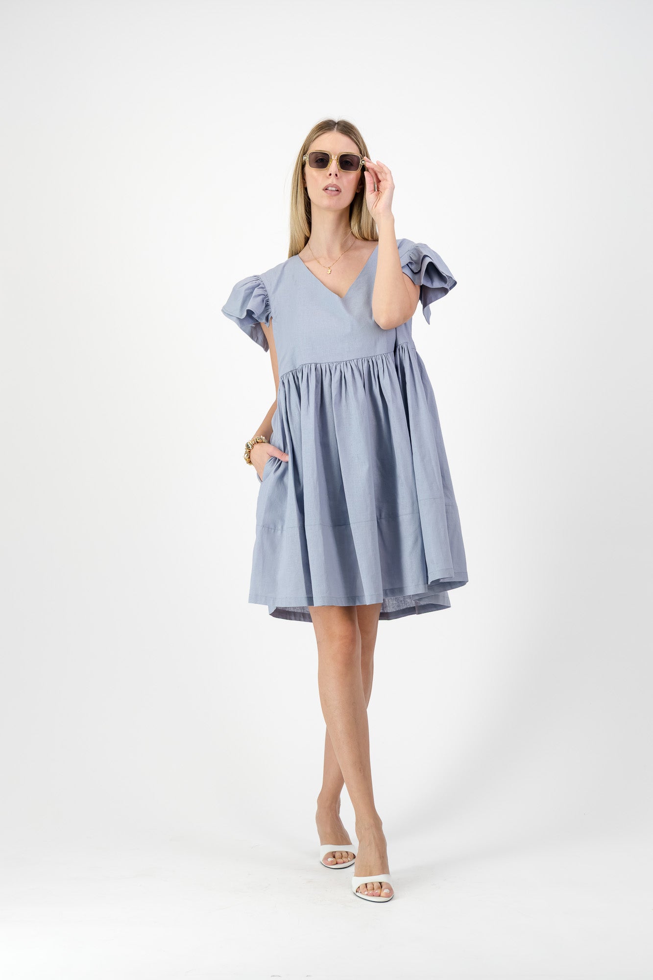 Morning Mist Frill Sleeve Dress  — Misty Blue