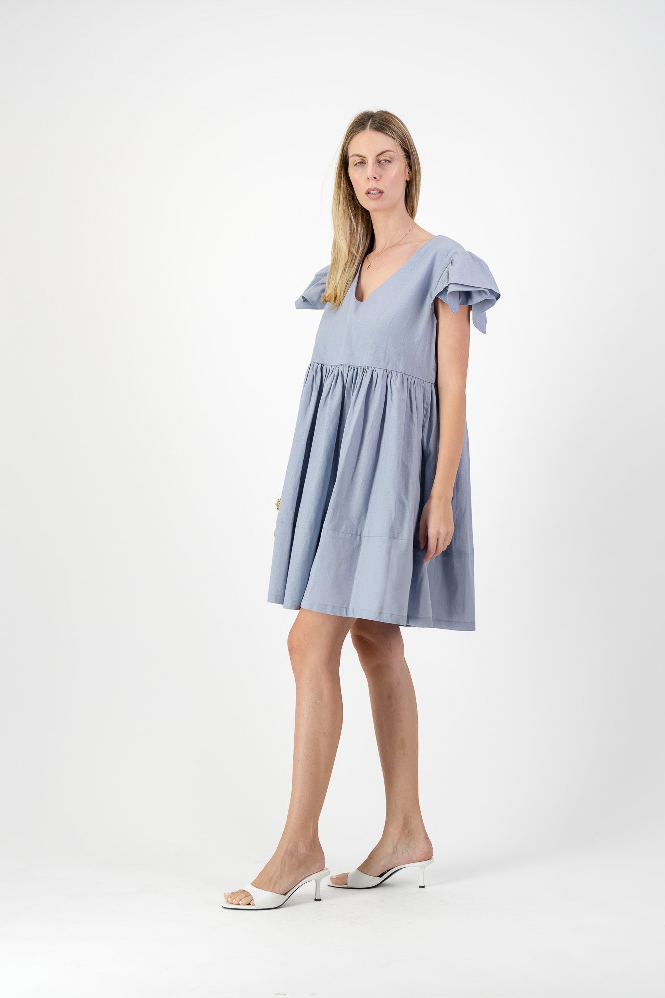 Morning Mist Frill Sleeve Dress  — Misty Blue