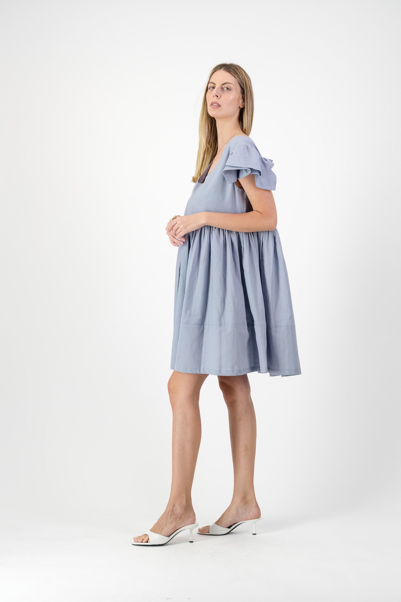 Morning Mist Frill Sleeve Dress  — Misty Blue