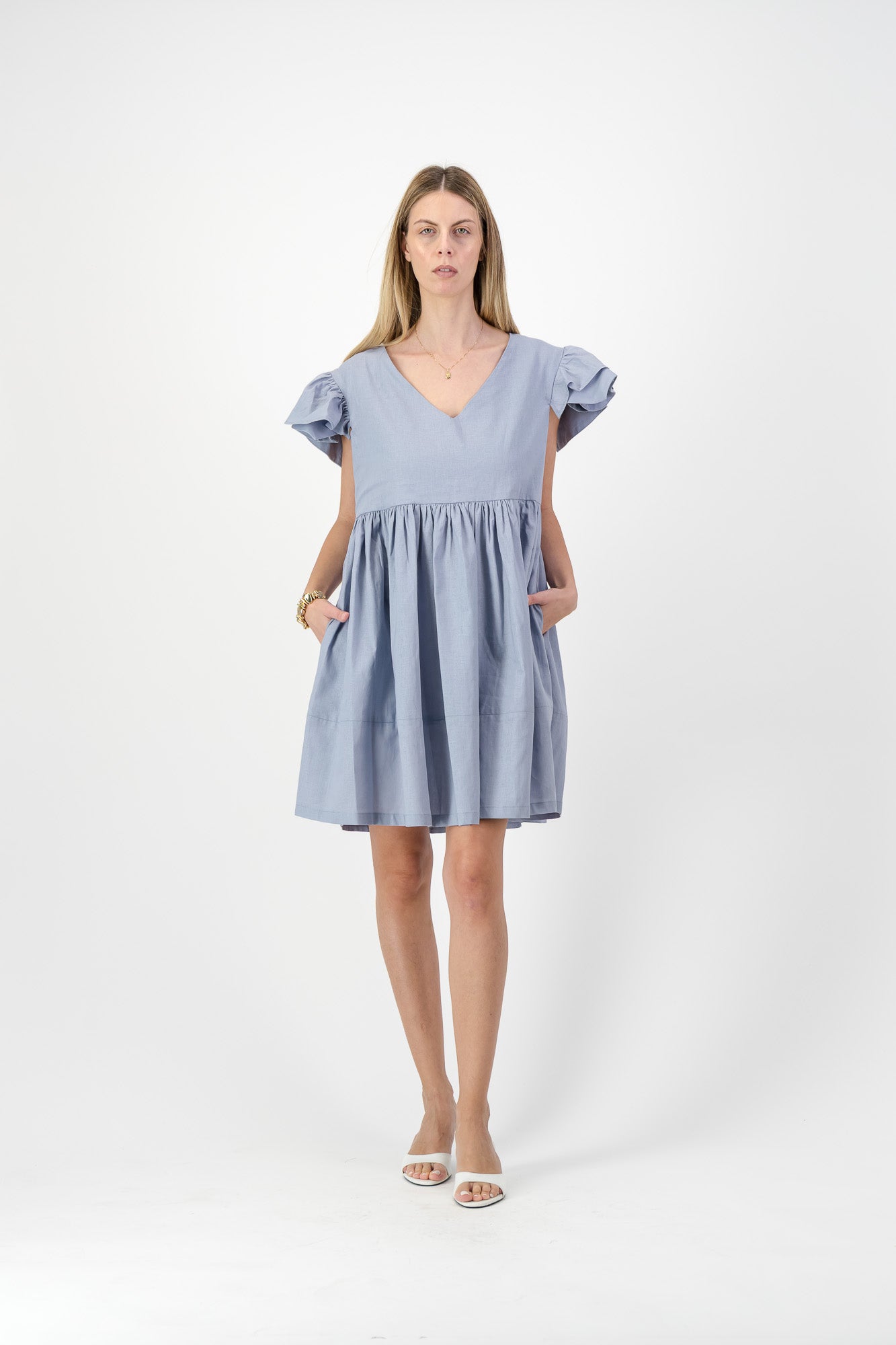 Morning Mist Frill Sleeve Dress  — Misty Blue