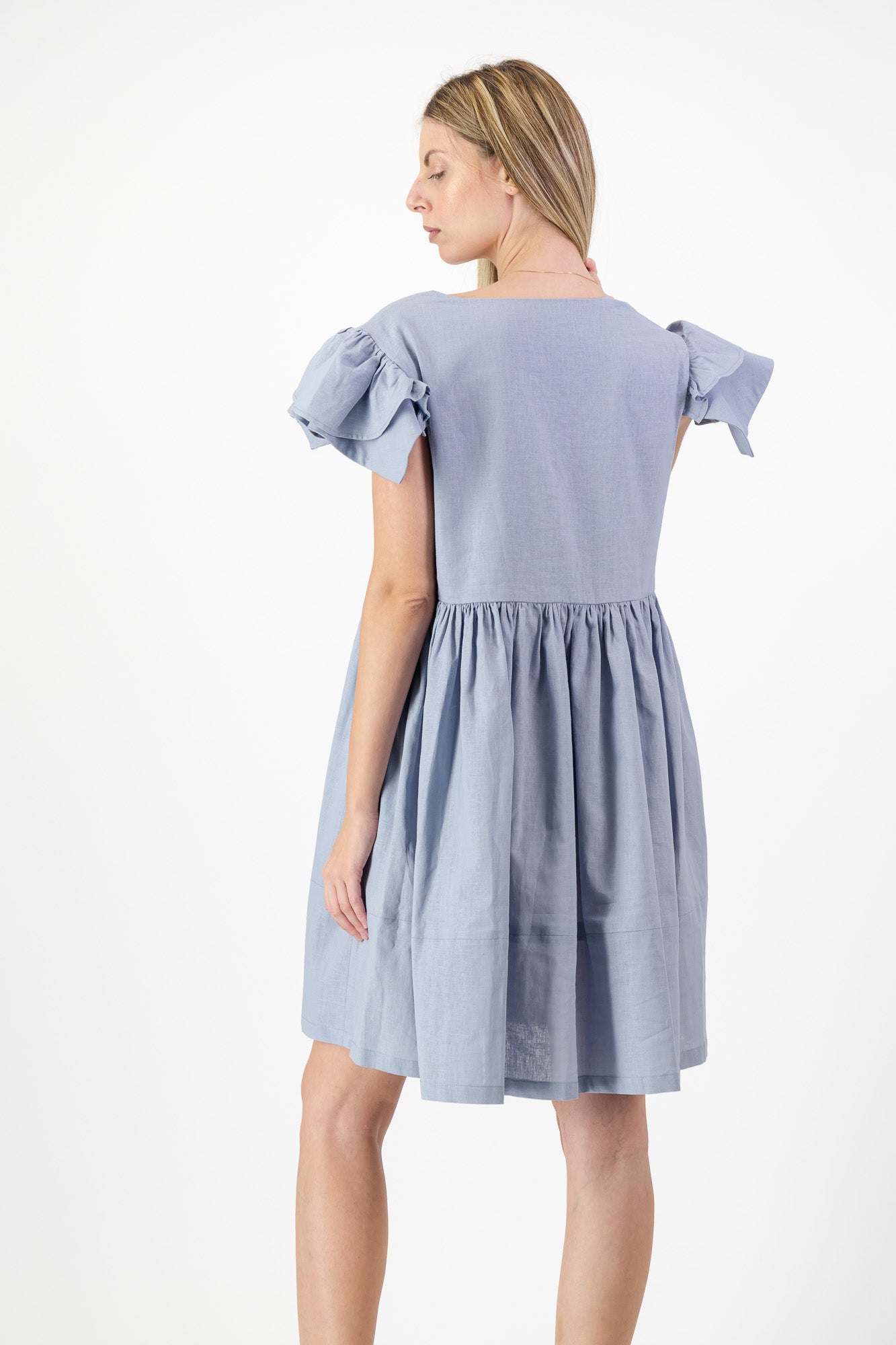 Morning Mist Frill Sleeve Dress  — Misty Blue