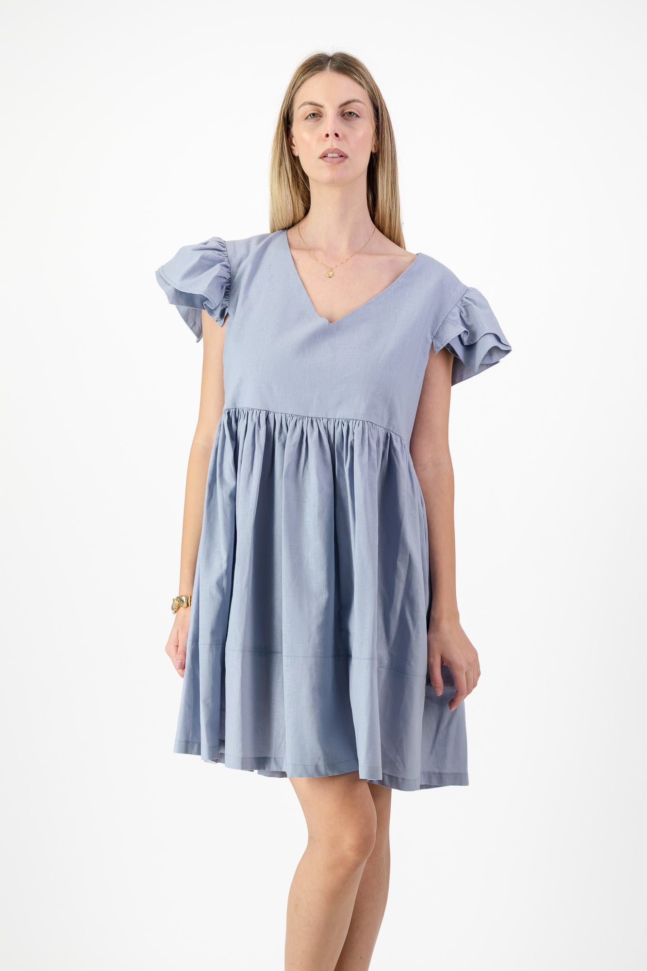 Morning Mist Frill Sleeve Dress  — Misty Blue