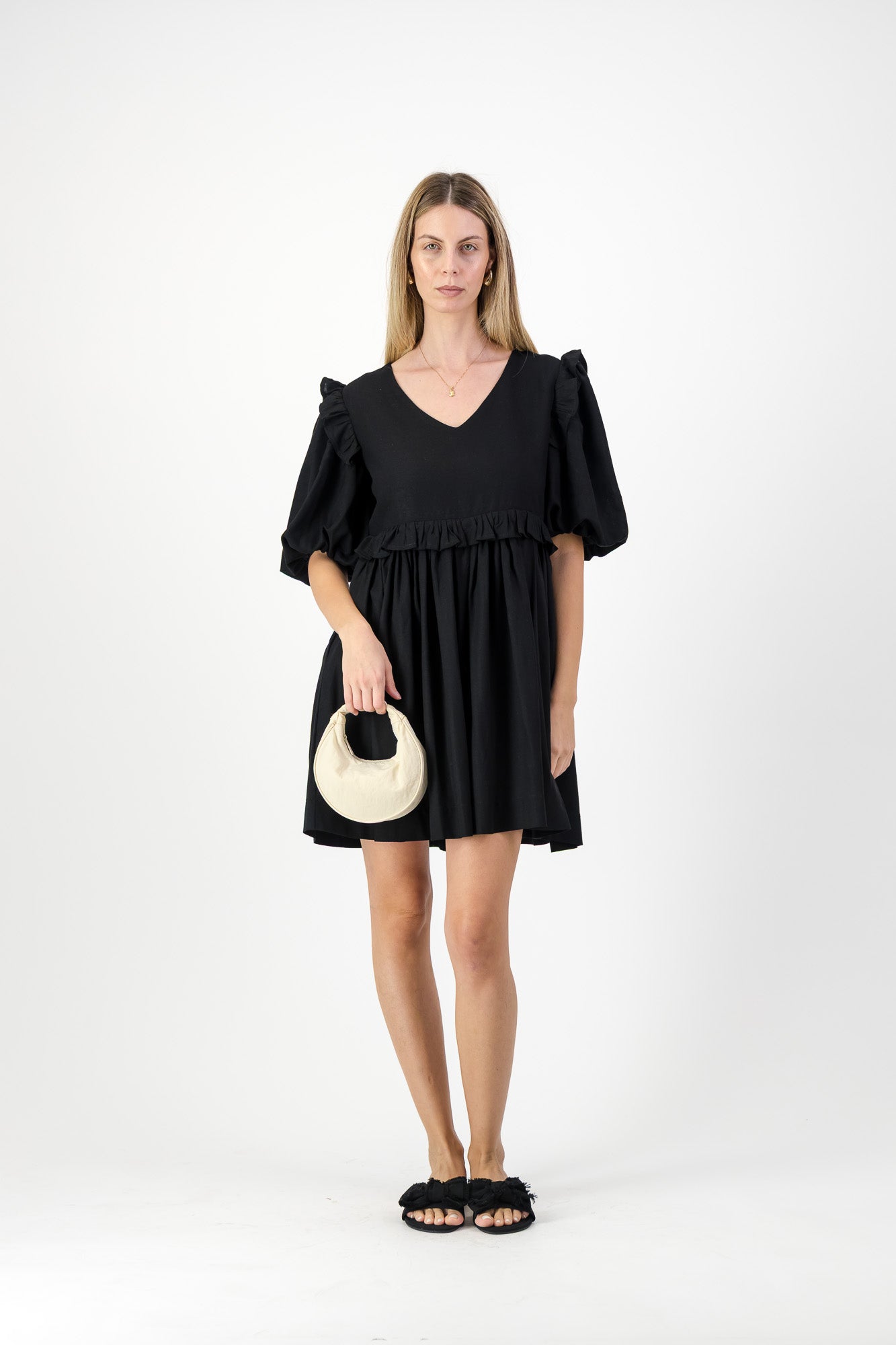 Midnight Bloom Puff Sleeve Dress — Black