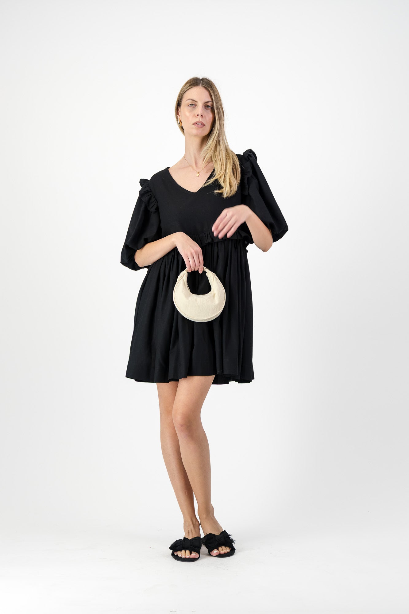 Midnight Bloom Puff Sleeve Dress — Black