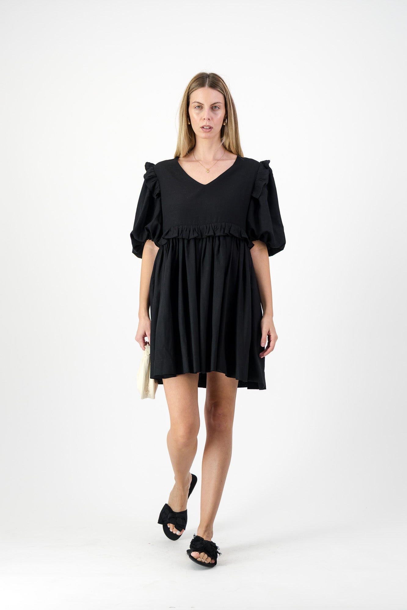 Midnight Bloom Puff Sleeve Dress — Black