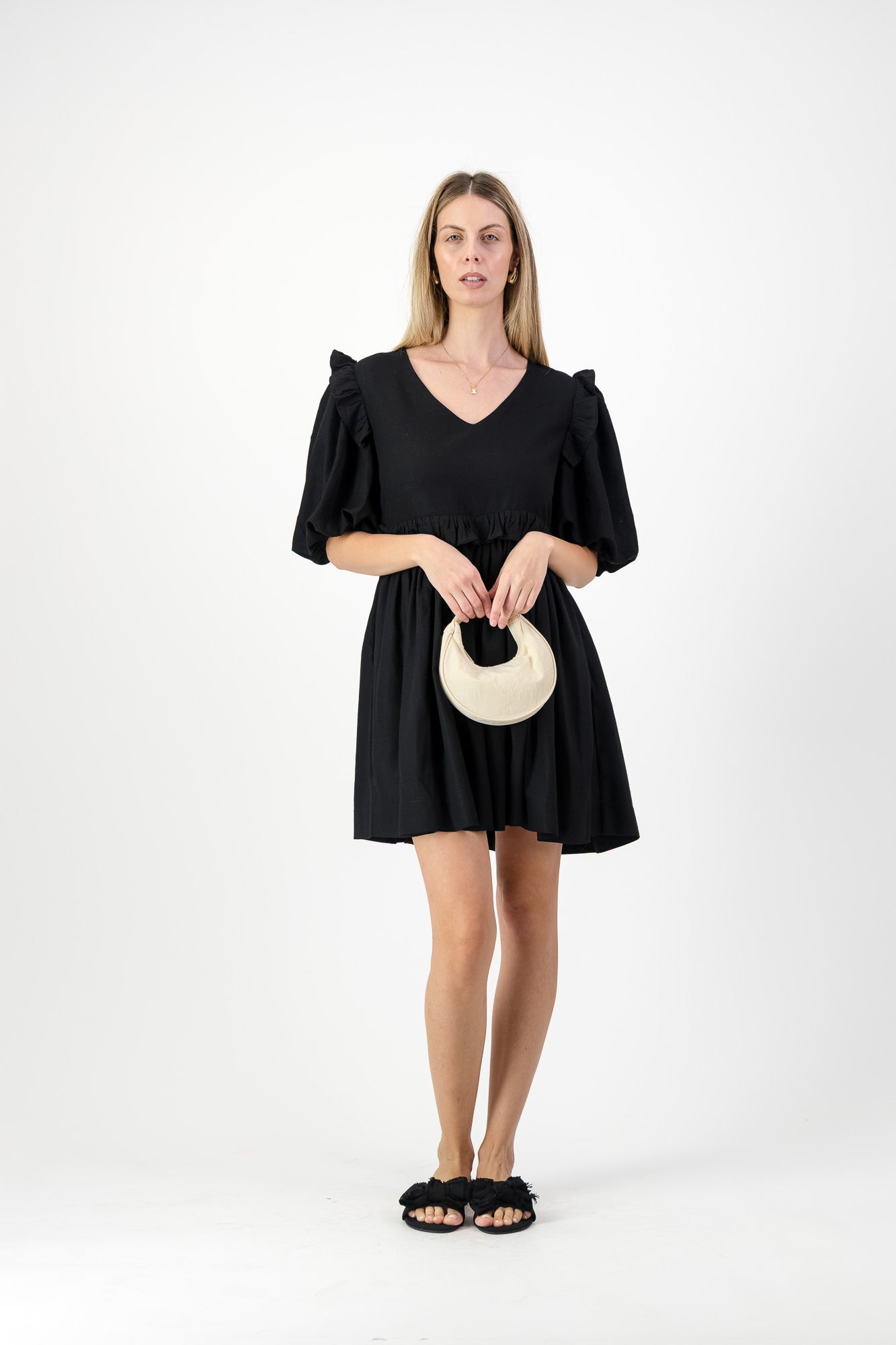Midnight Bloom Puff Sleeve Dress — Black