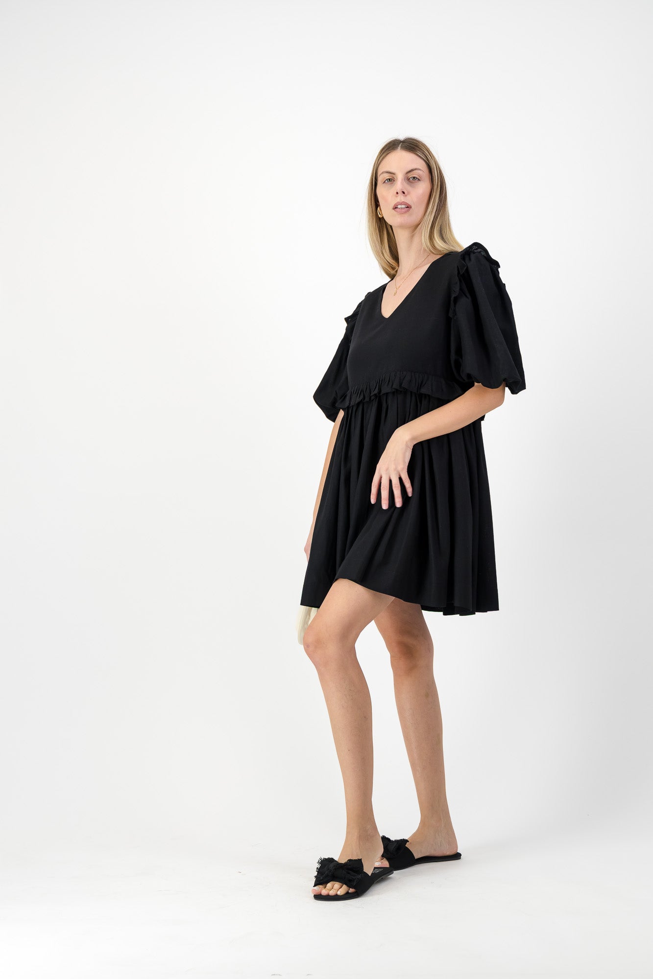 Midnight Bloom Puff Sleeve Dress — Black
