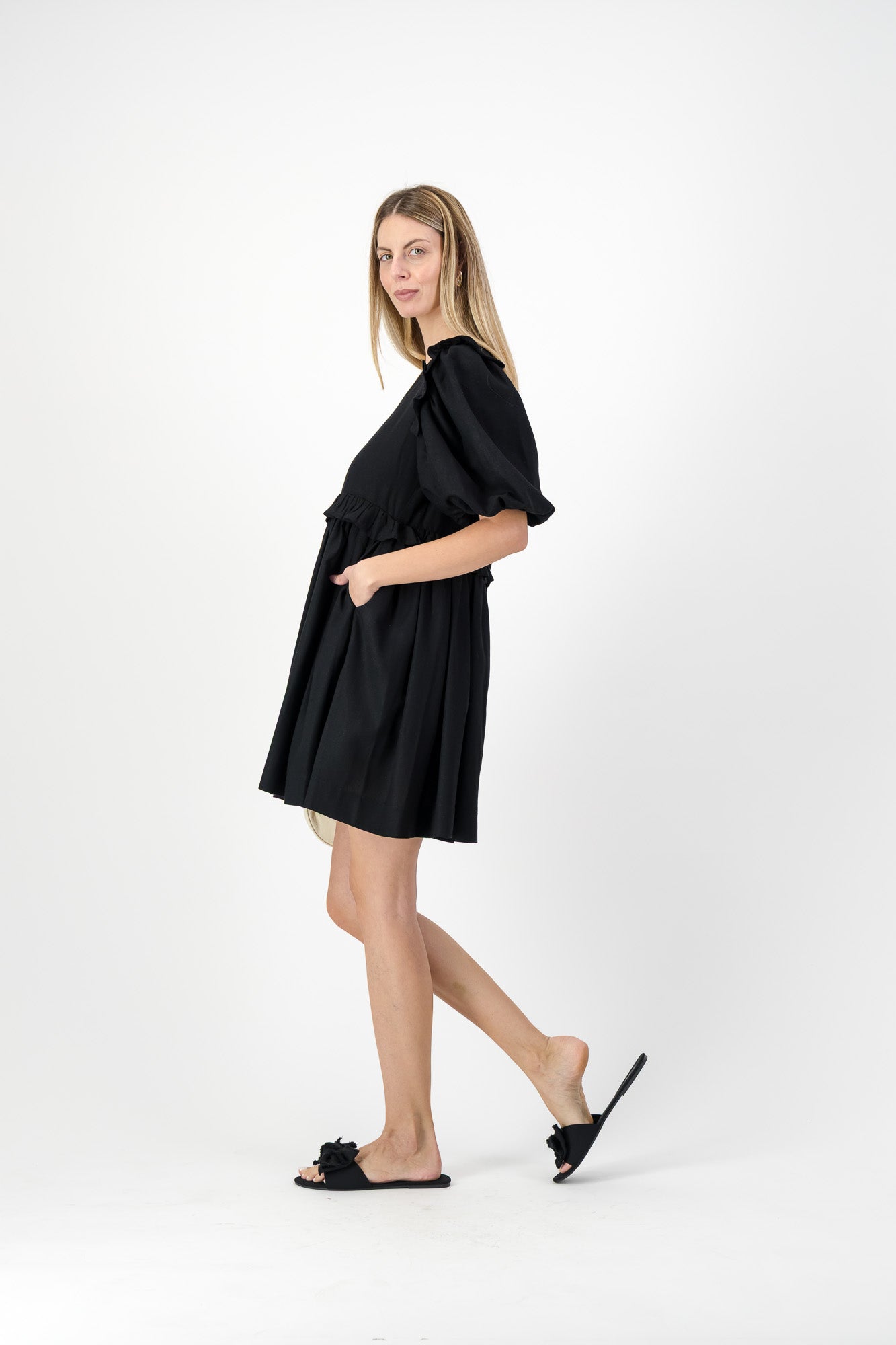 Midnight Bloom Puff Sleeve Dress — Black