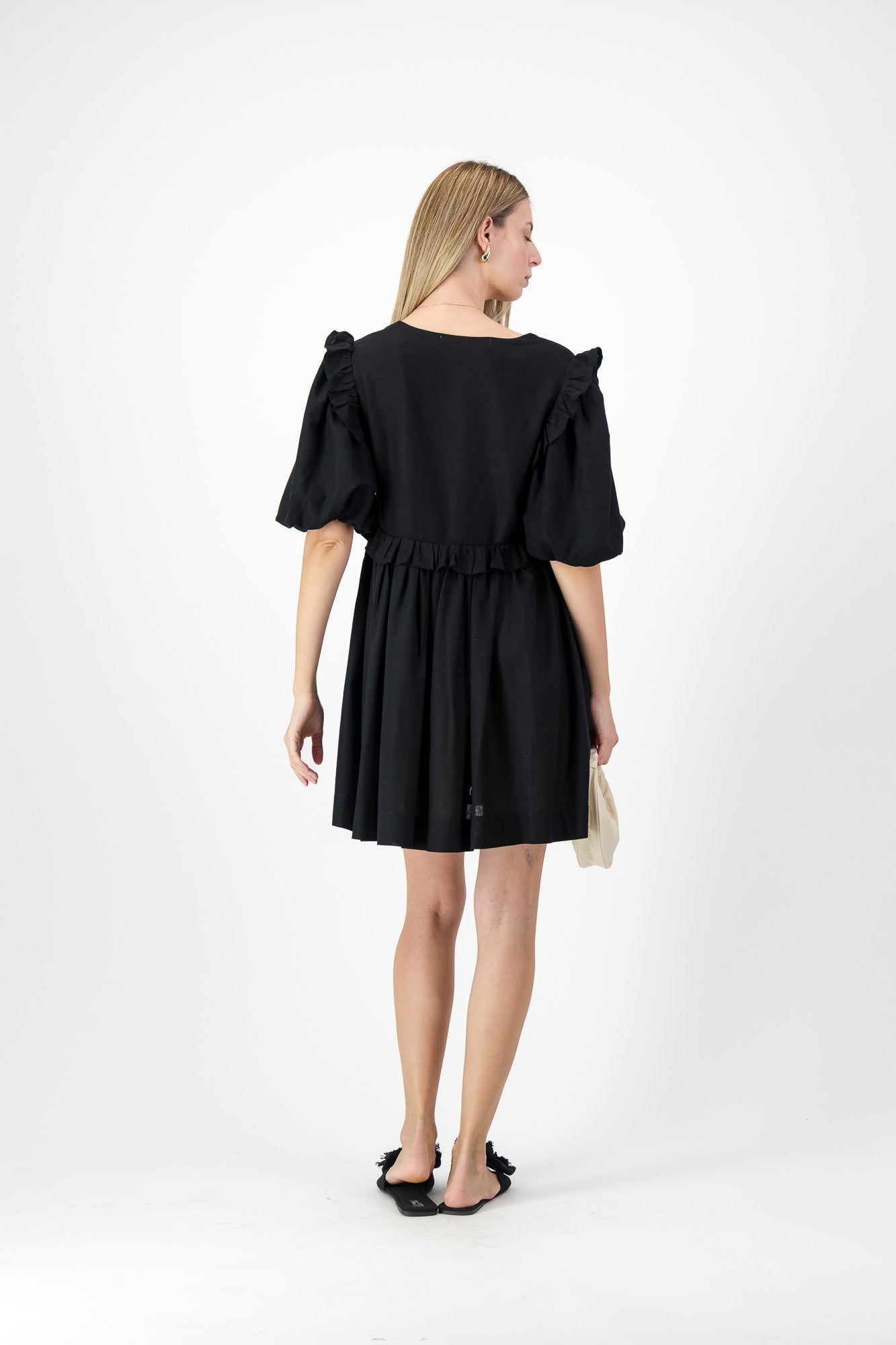Midnight Bloom Puff Sleeve Dress — Black