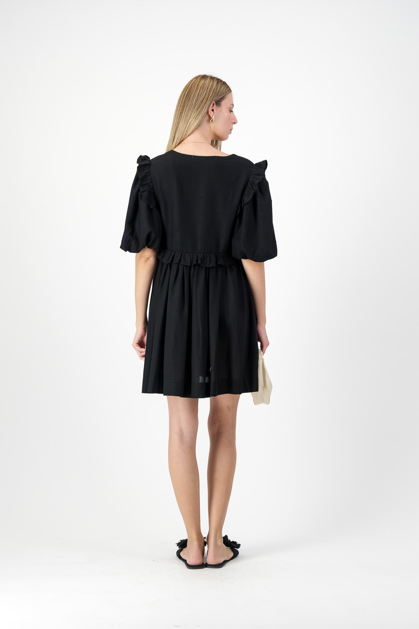 Midnight Bloom Puff Sleeve Dress — Black