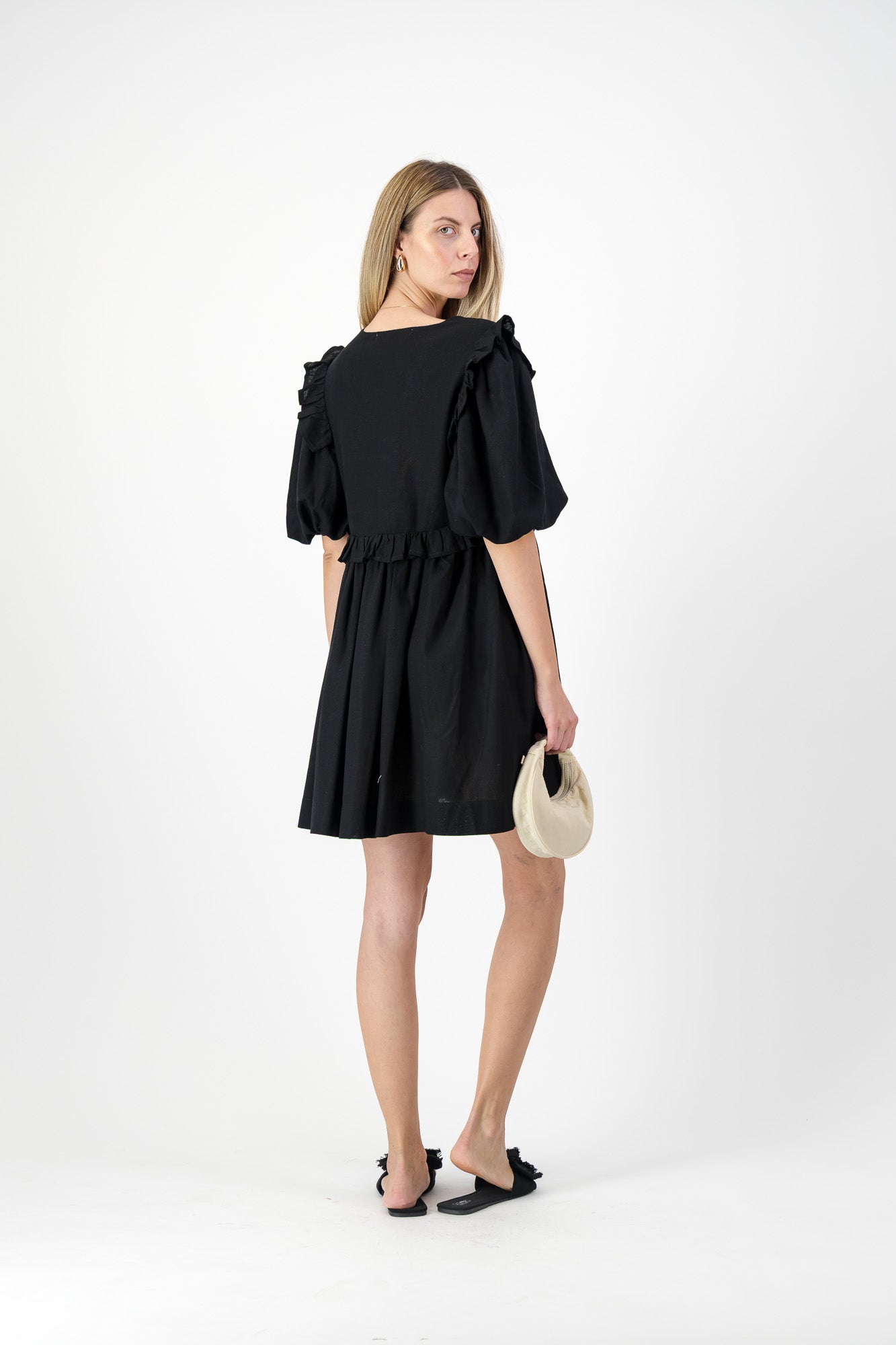 Midnight Bloom Puff Sleeve Dress — Black