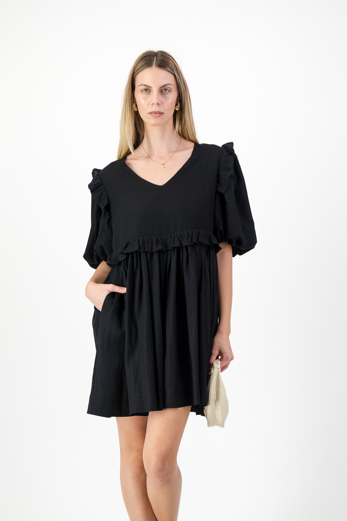 Midnight Bloom Puff Sleeve Dress — Black