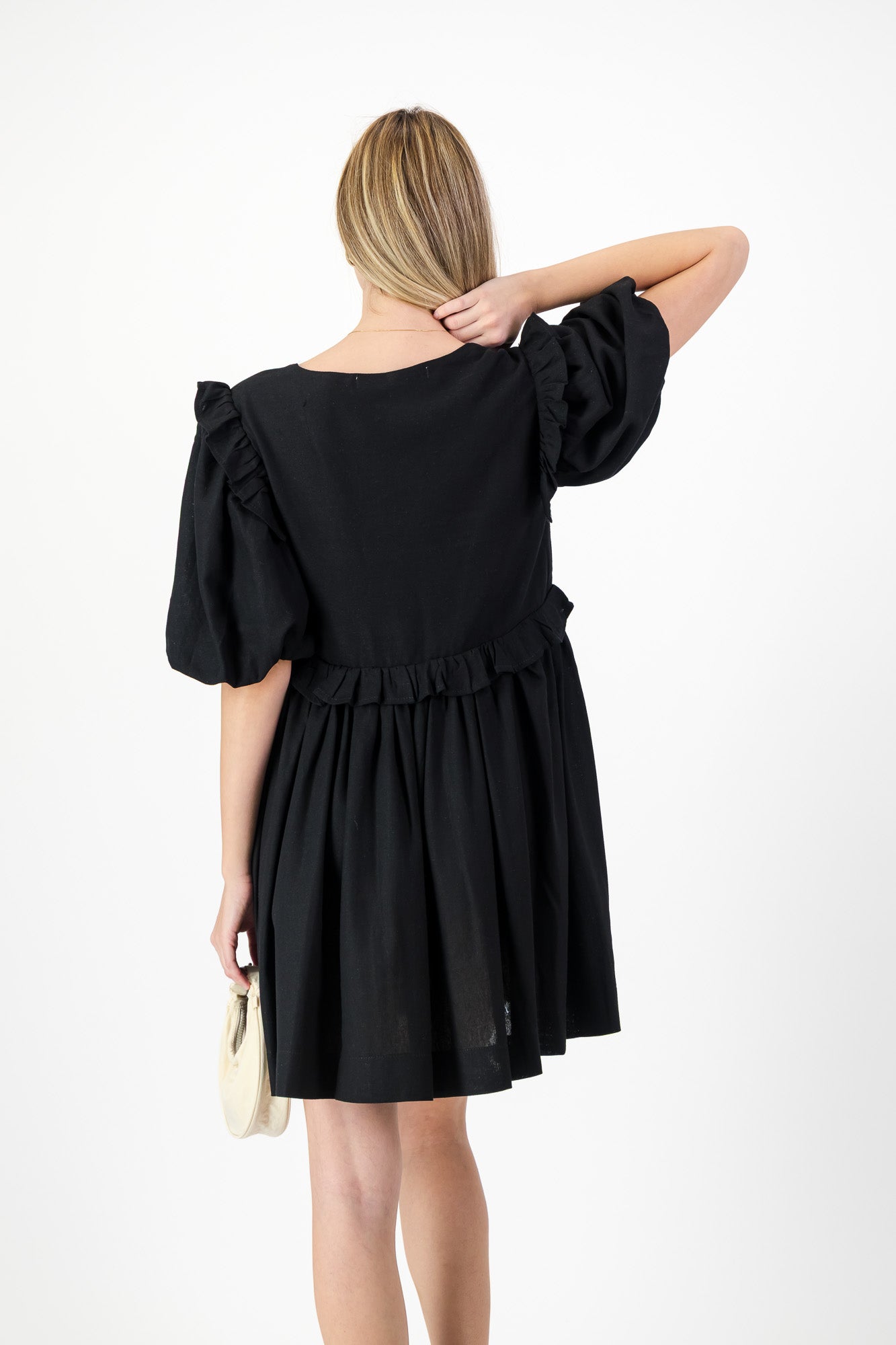 Midnight Bloom Puff Sleeve Dress — Black