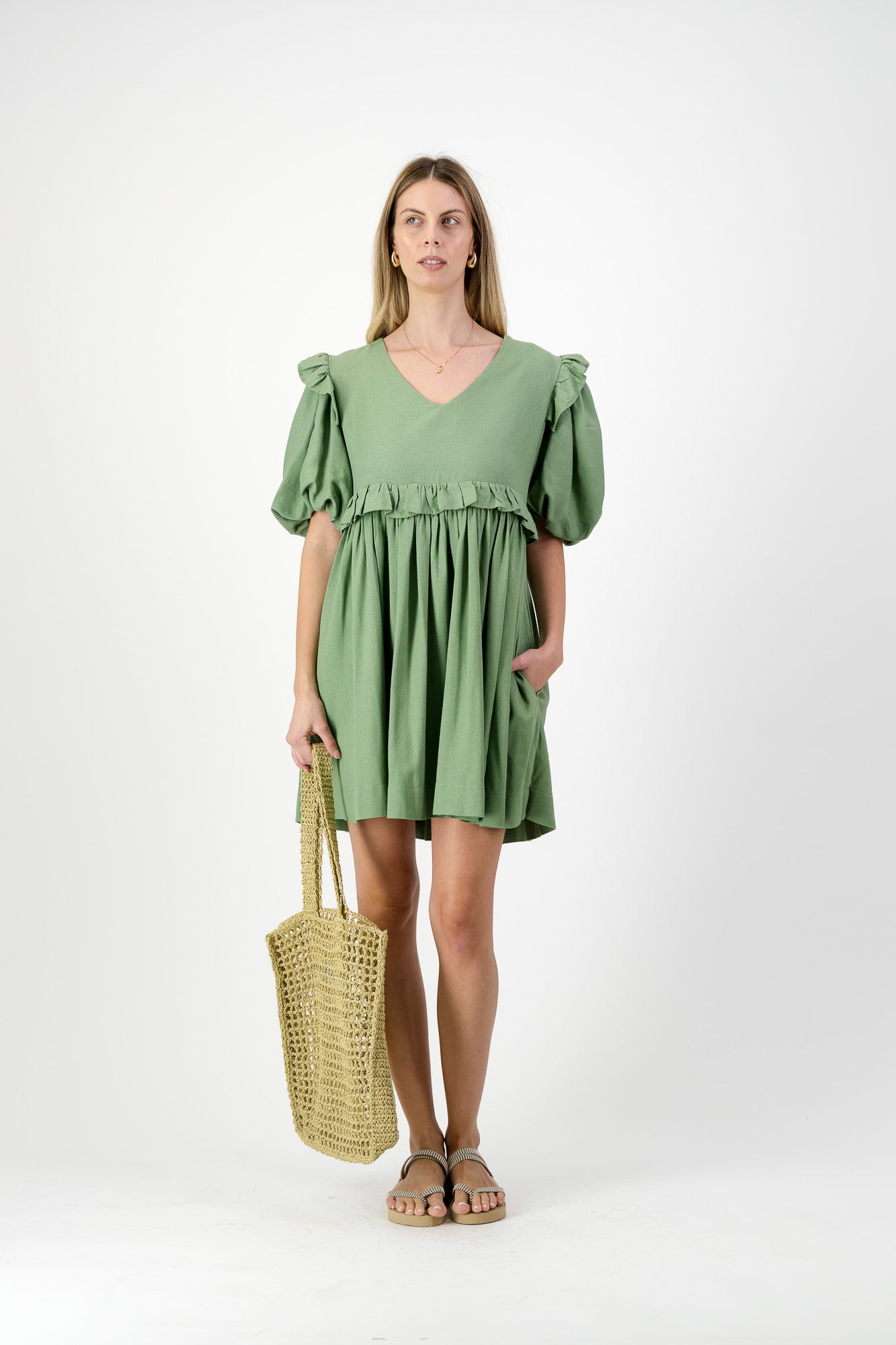 Willow Whisper Puff Sleeve Dress — Olive Green