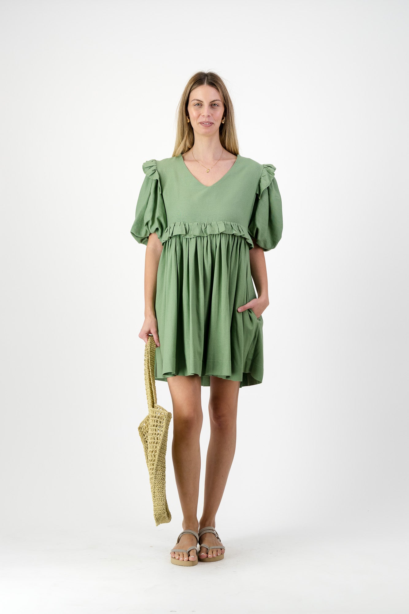 Willow Whisper Puff Sleeve Dress — Olive Green