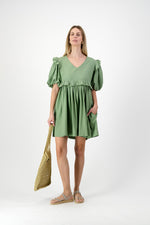 Willow Whisper Puff Sleeve Dress — Olive Green