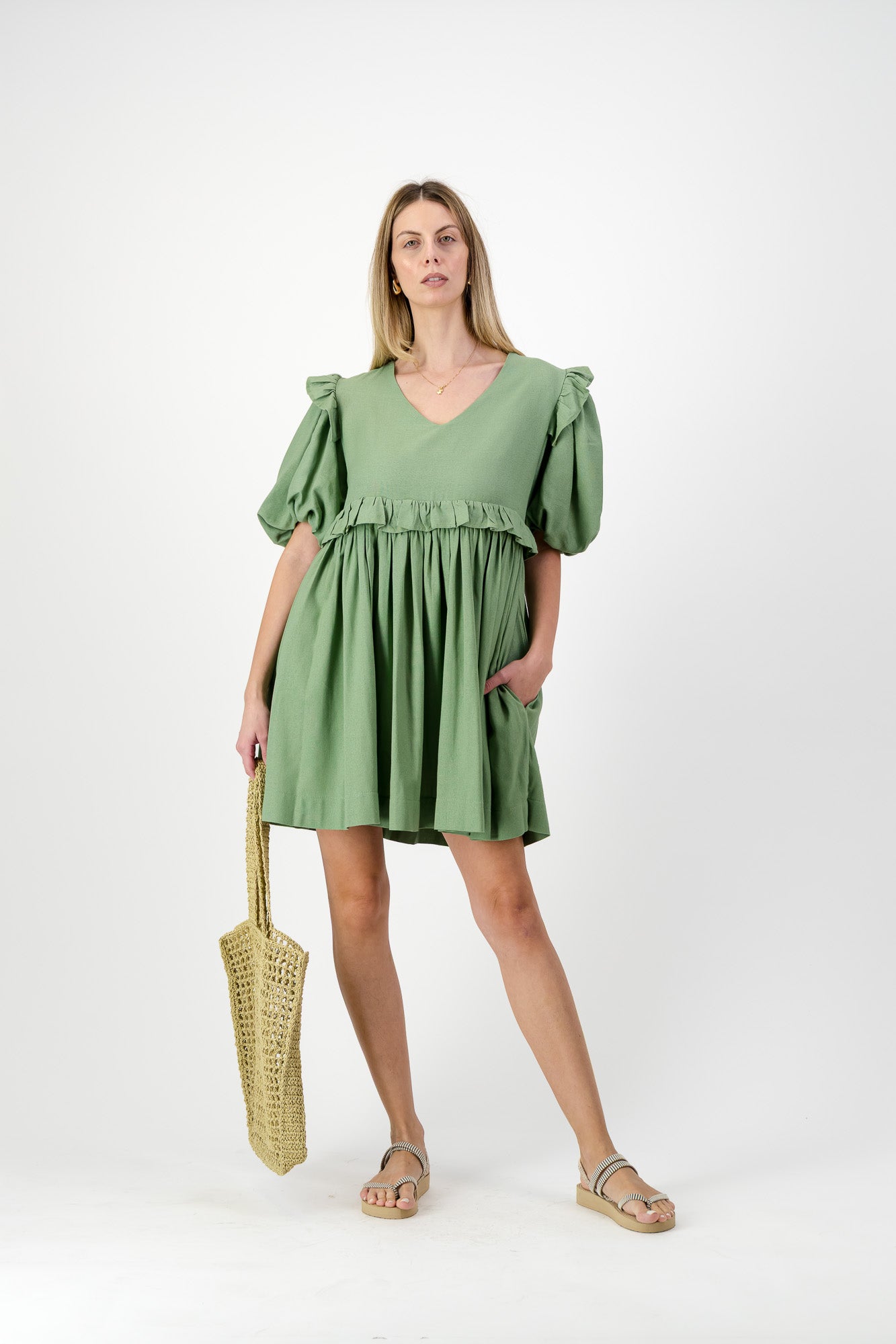 Willow Whisper Puff Sleeve Dress — Olive Green