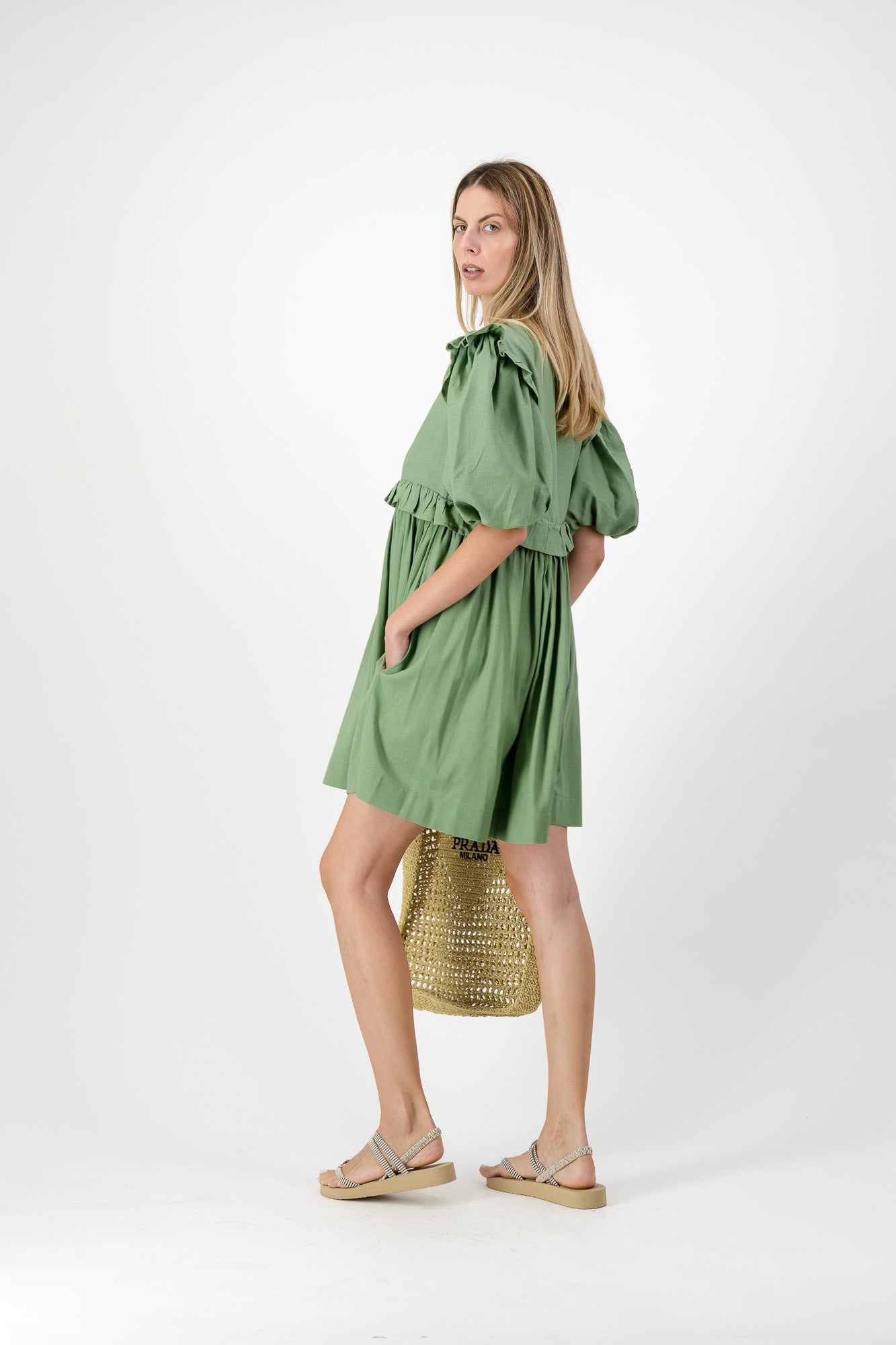 Willow Whisper Puff Sleeve Dress — Olive Green