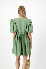 Willow Whisper Puff Sleeve Dress — Olive Green