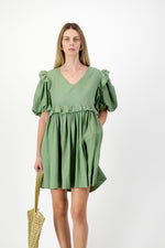 Willow Whisper Puff Sleeve Dress — Olive Green