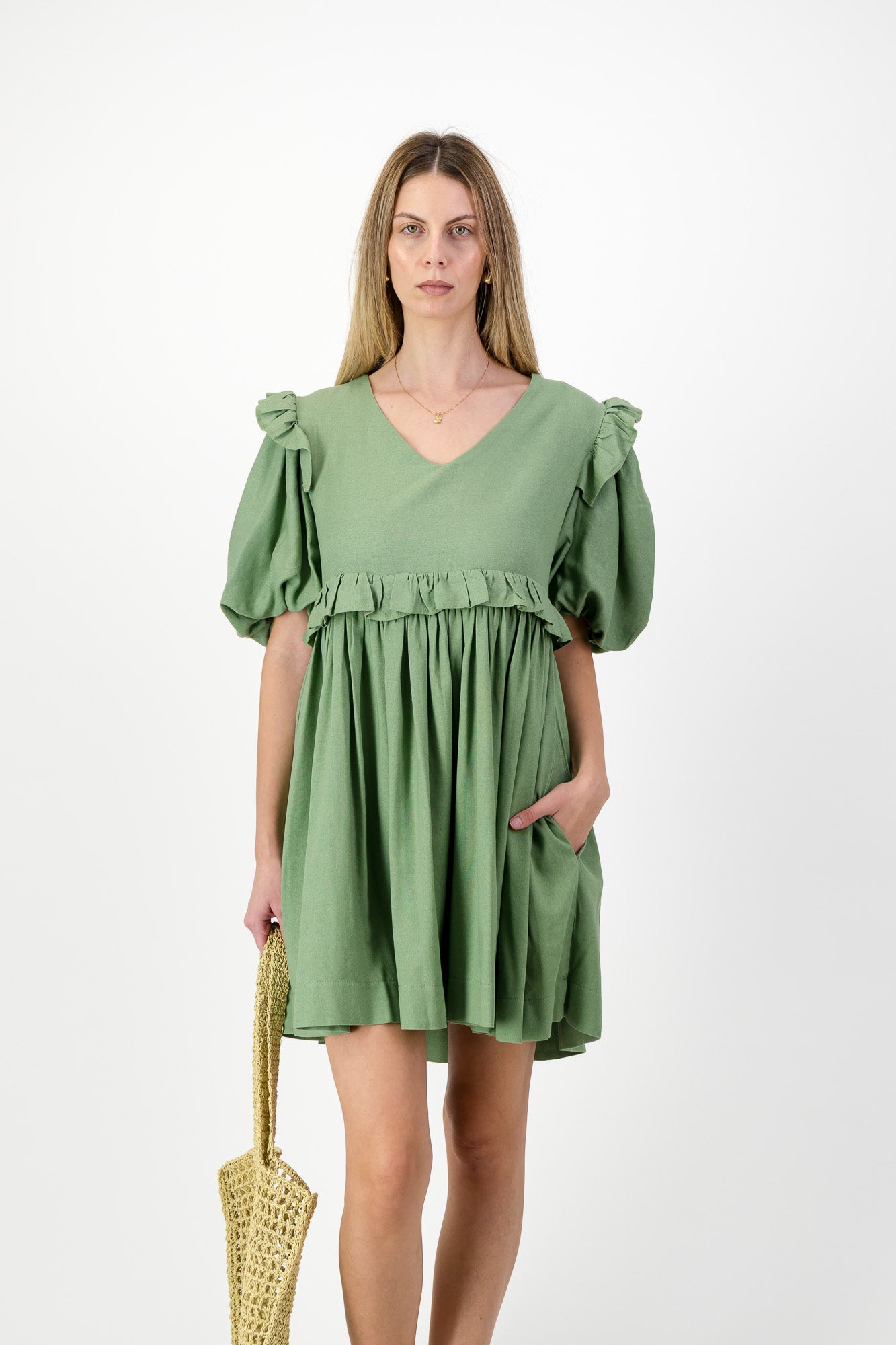 Willow Whisper Puff Sleeve Dress — Olive Green