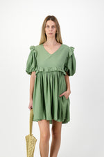 Willow Whisper Puff Sleeve Dress — Olive Green