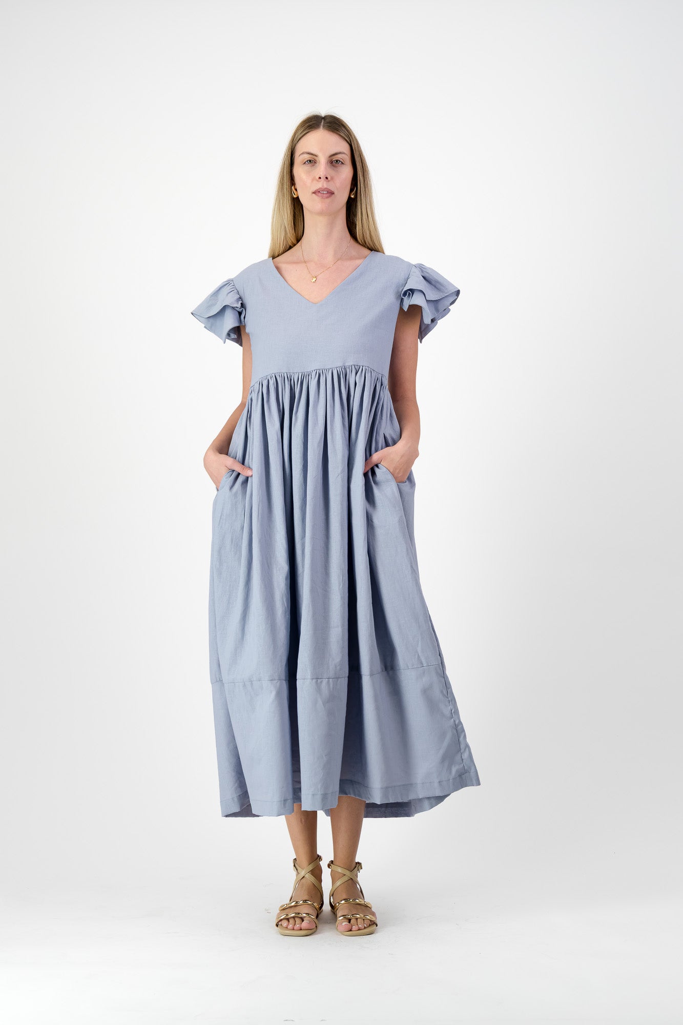 Morning Tide Frill Sleeve Dress — Misty blue Cotton Linen