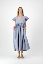 Morning Tide Frill Sleeve Dress — Misty blue Cotton Linen