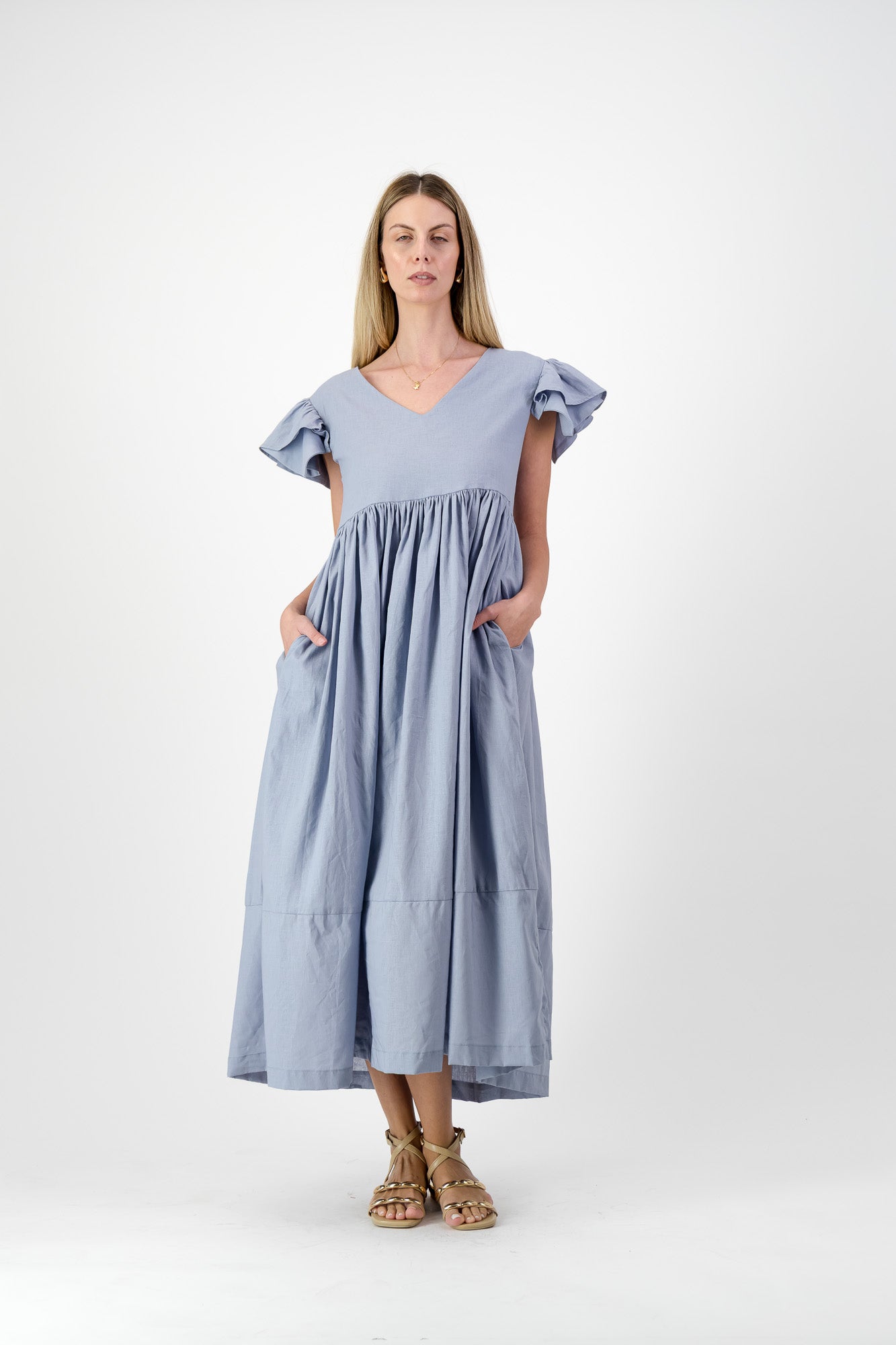 Morning Tide Frill Sleeve Dress — Misty blue Cotton Linen