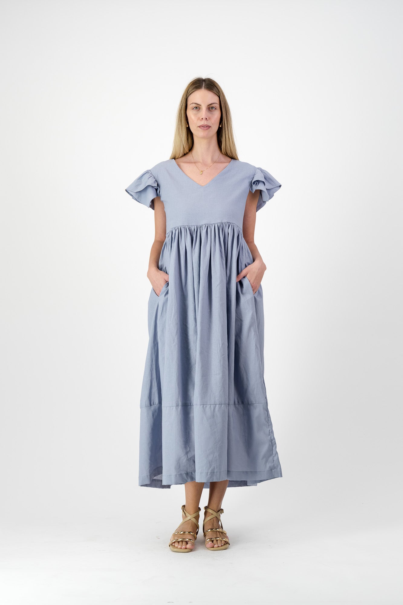Morning Tide Frill Sleeve Dress — Misty blue Cotton Linen