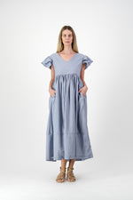 Morning Tide Frill Sleeve Dress — Misty blue Cotton Linen