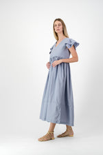 Morning Tide Frill Sleeve Dress — Misty blue Cotton Linen
