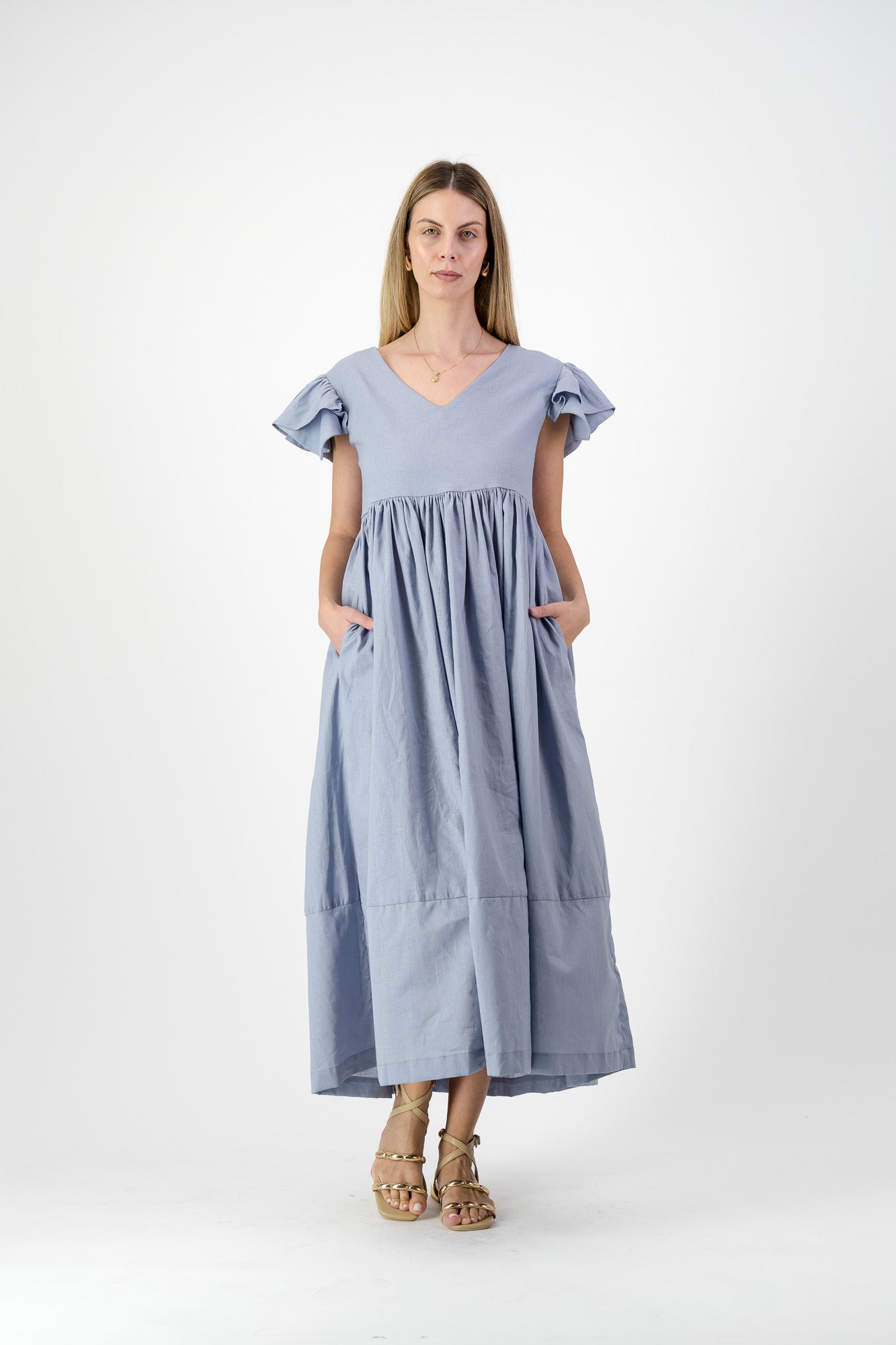 Morning Tide Frill Sleeve Dress — Misty blue Cotton Linen