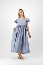 Morning Tide Frill Sleeve Dress — Misty blue Cotton Linen