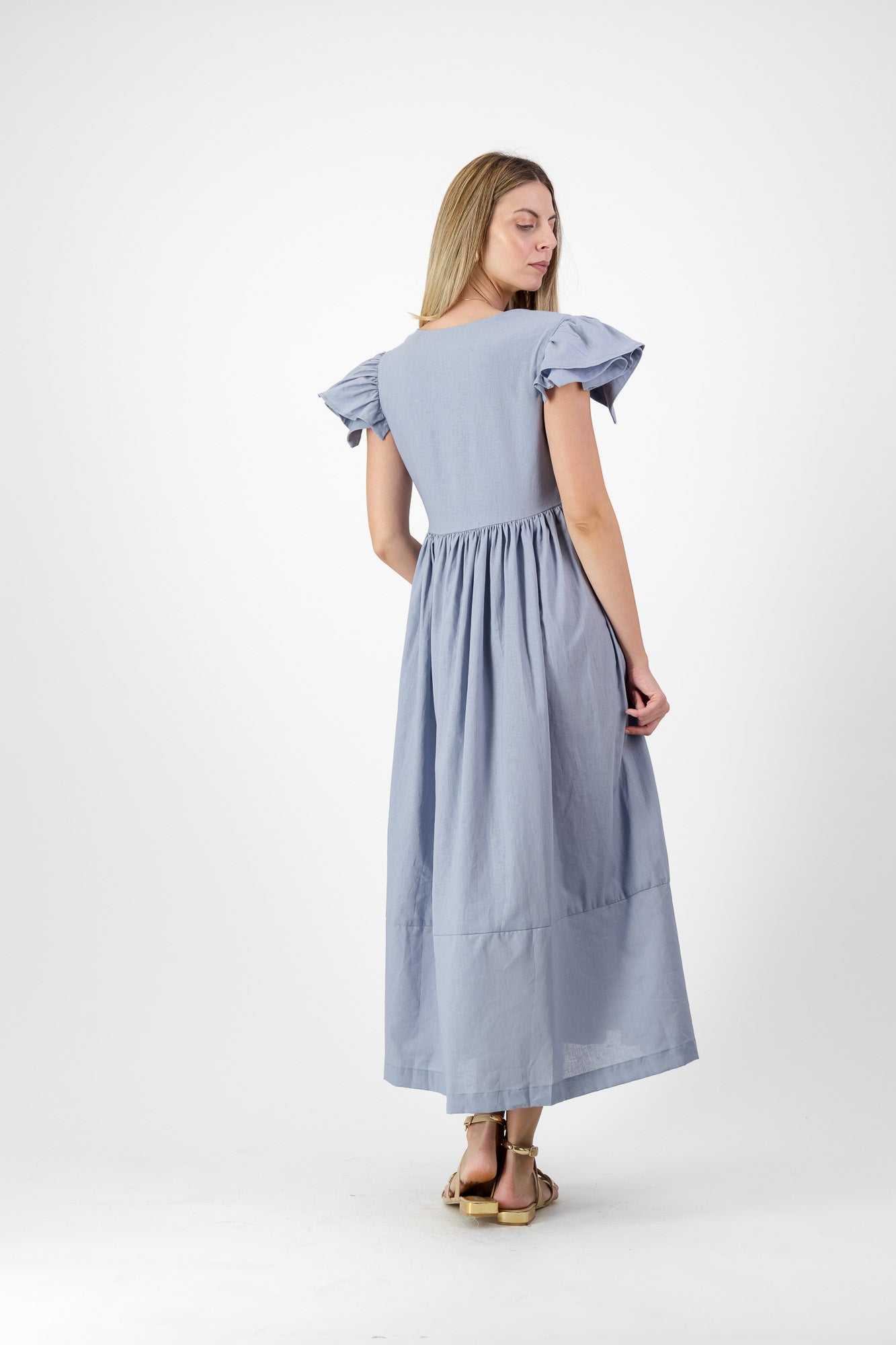 Morning Tide Frill Sleeve Dress — Misty blue Cotton Linen