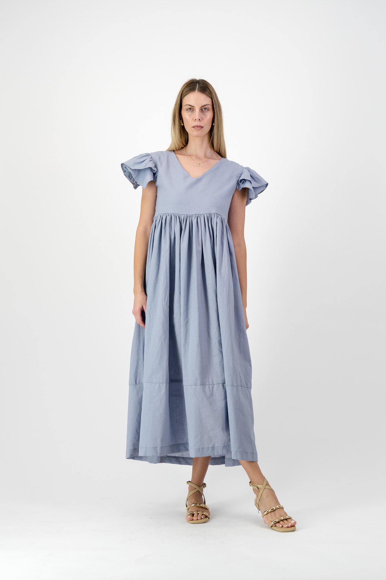 Morning Tide Frill Sleeve Dress — Misty blue Cotton Linen