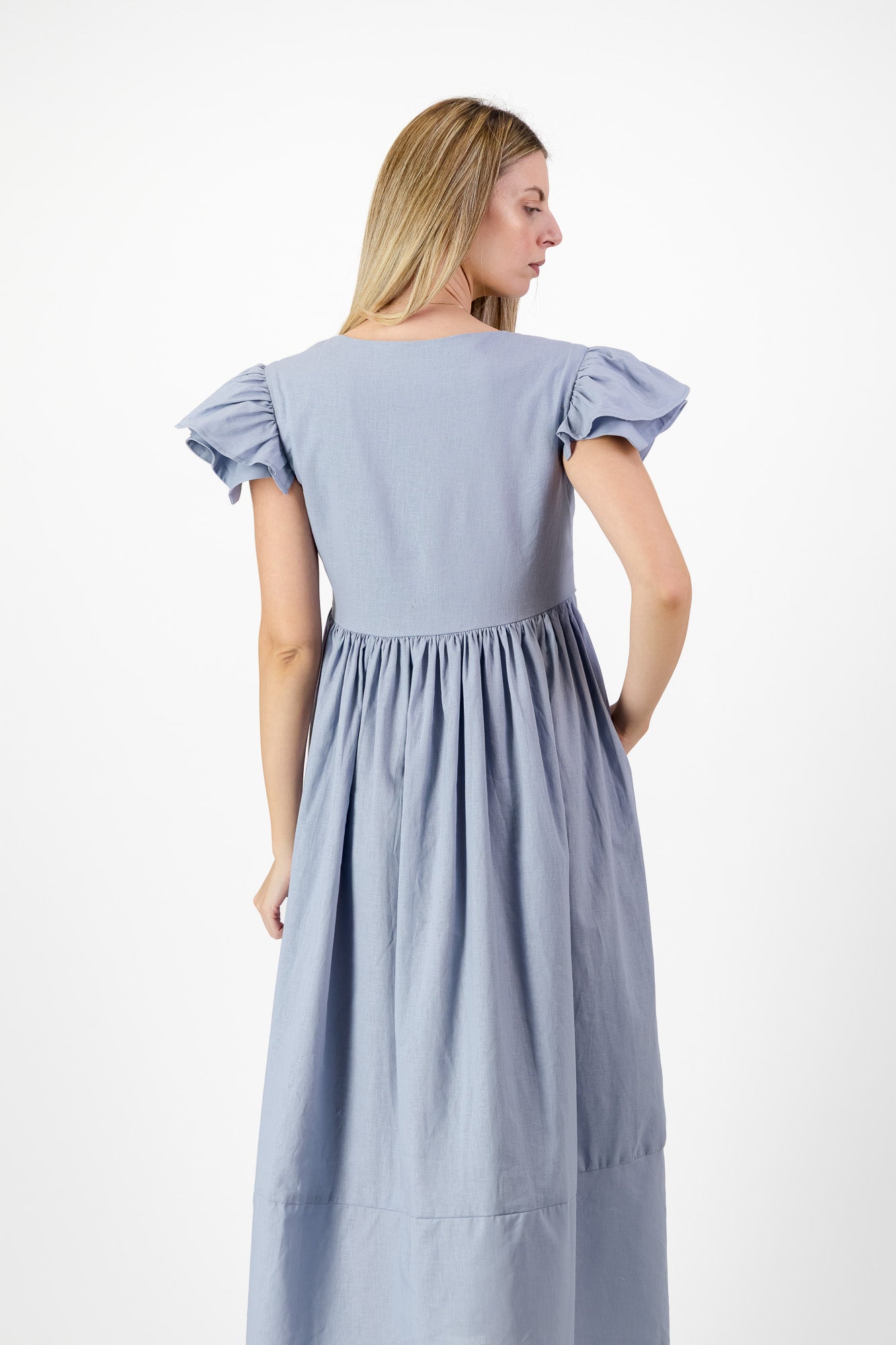 Morning Tide Frill Sleeve Dress — Misty blue Cotton Linen