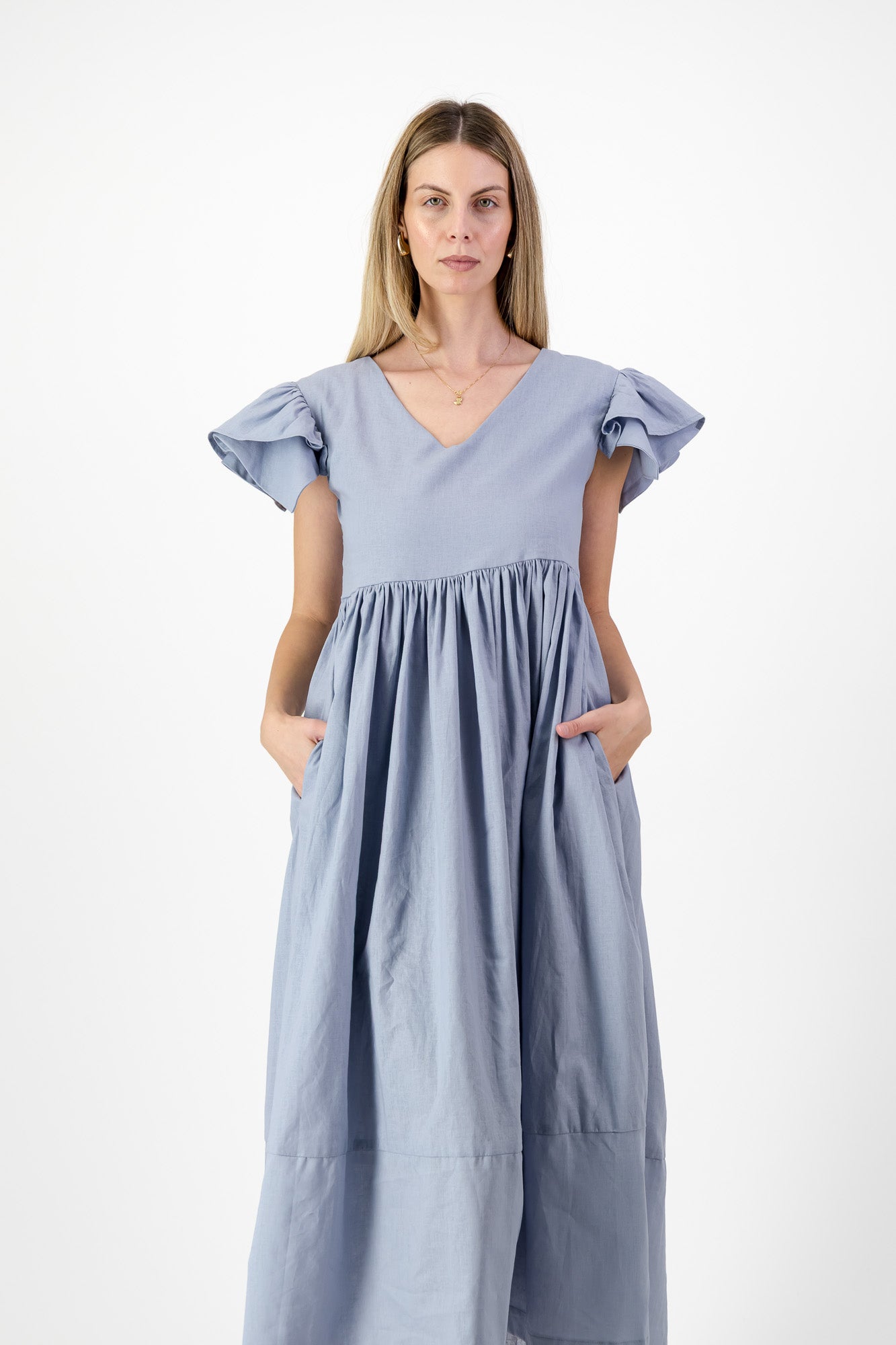 Morning Tide Frill Sleeve Dress — Misty blue Cotton Linen