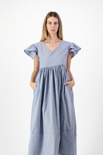 Morning Tide Frill Sleeve Dress — Misty blue Cotton Linen