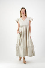 Driftwood Dawn Frill Sleeve Dress — Stone Cotton Linen