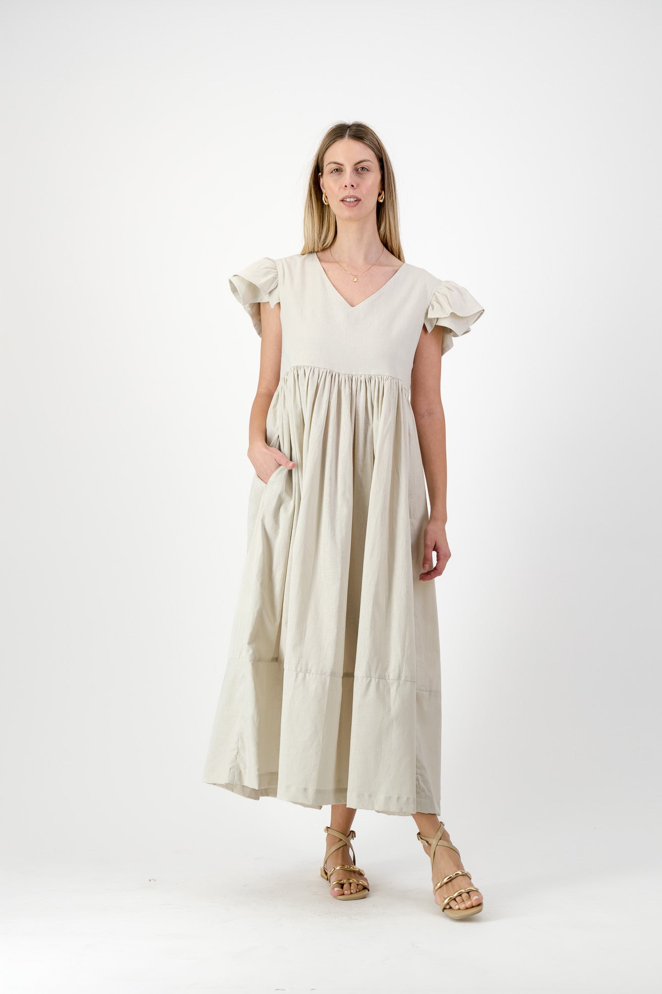 Driftwood Dawn Frill Sleeve Dress — Stone Cotton Linen