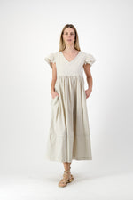 Driftwood Dawn Frill Sleeve Dress — Stone Cotton Linen