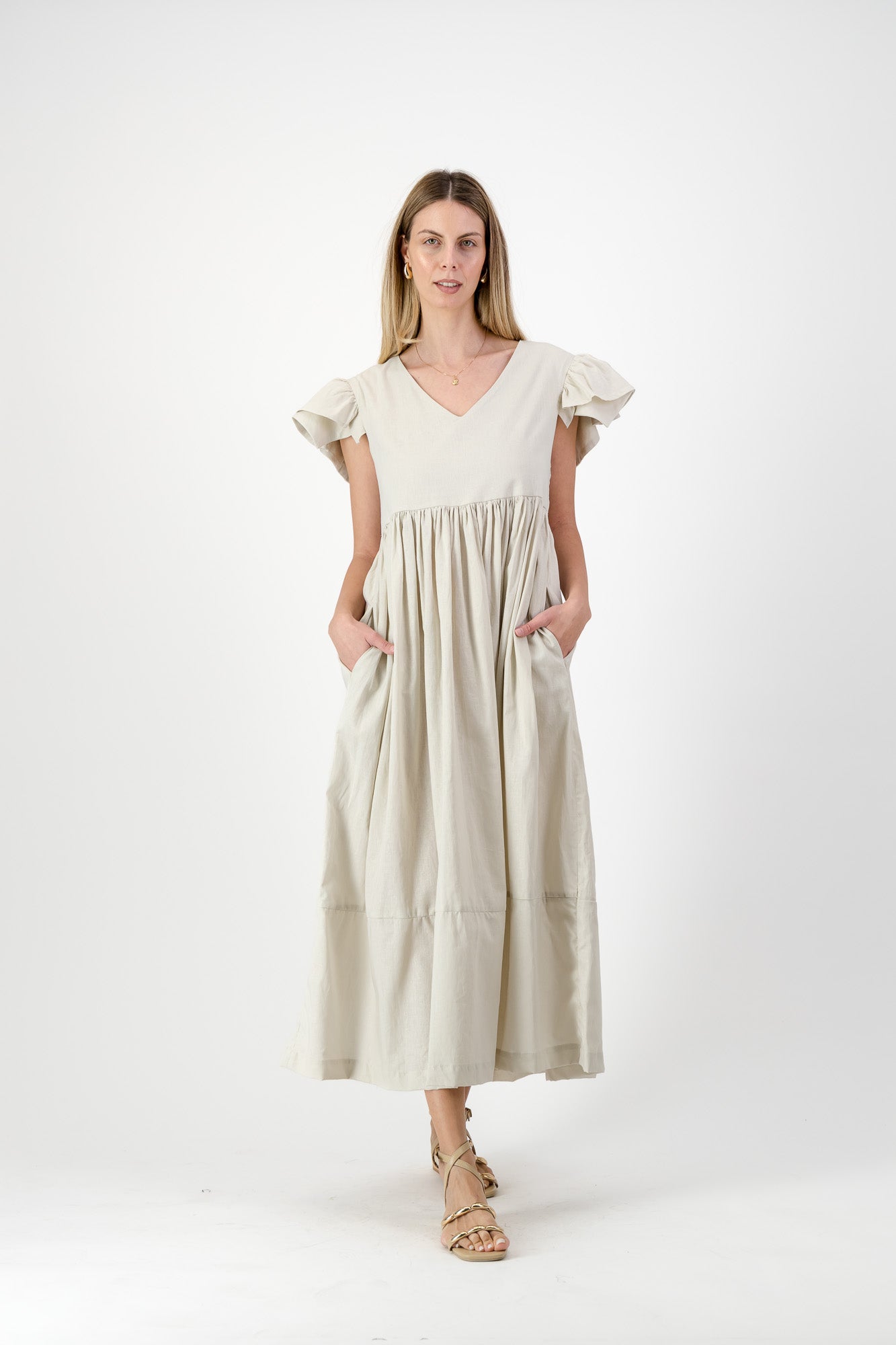 Driftwood Dawn Frill Sleeve Dress — Stone Cotton Linen