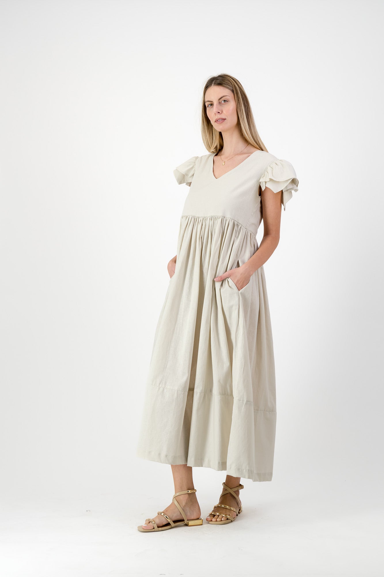 Driftwood Dawn Frill Sleeve Dress — Stone Cotton Linen