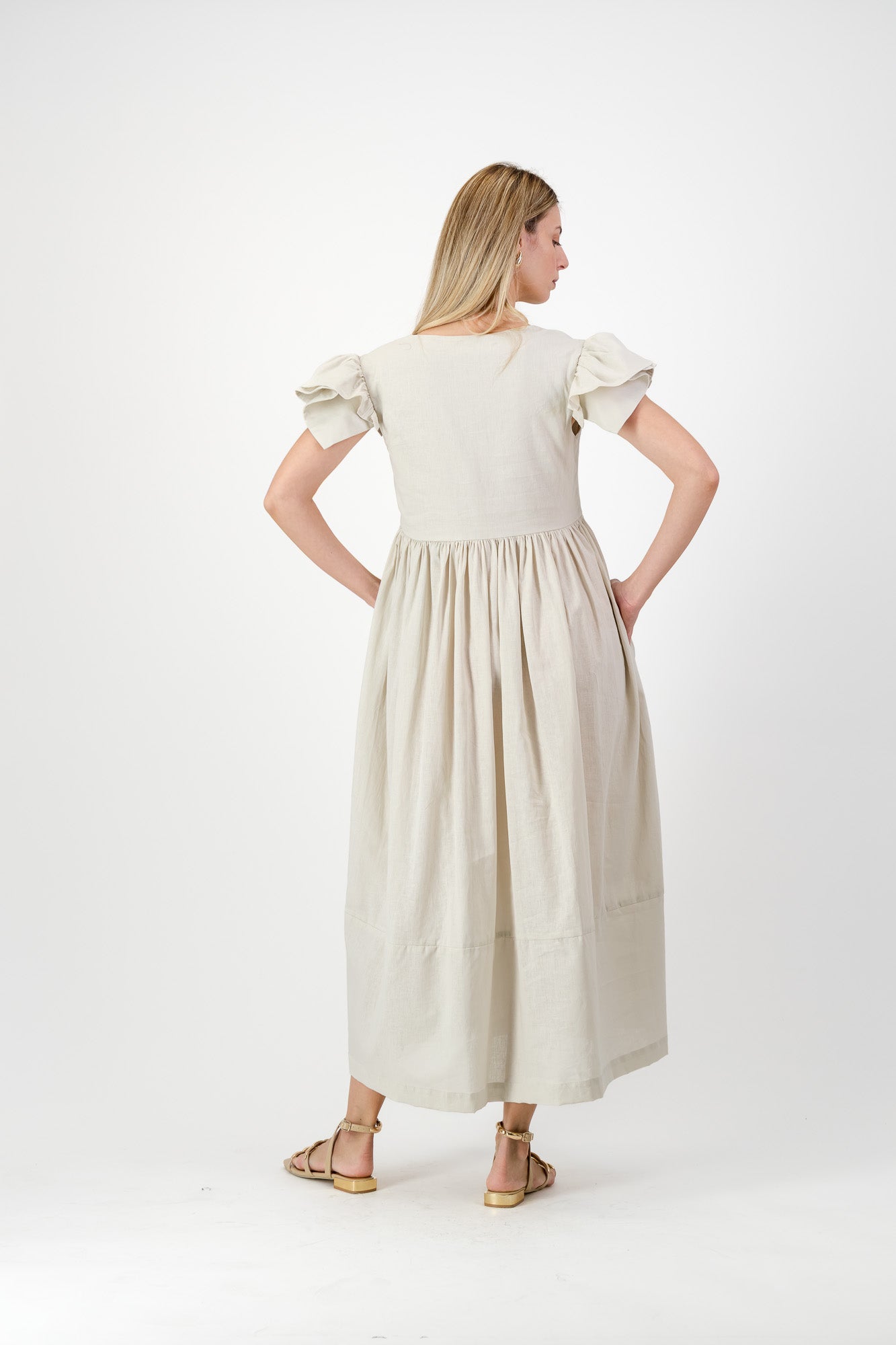 Driftwood Dawn Frill Sleeve Dress — Stone Cotton Linen